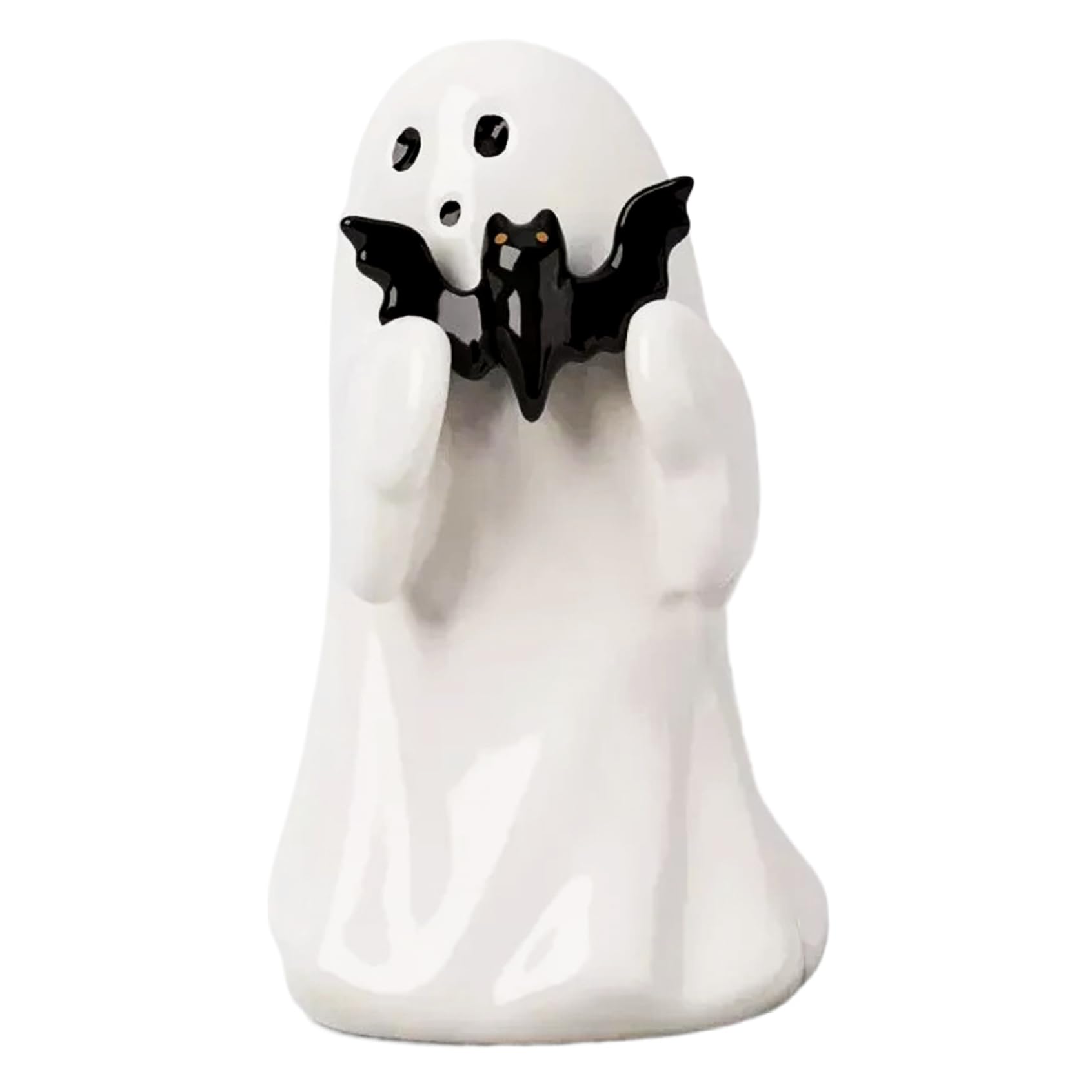 NASSMOSSE Halloween Ghost 3.94" Resin Ghost Decor Ornament, Halloween Home Standing Decor, White Spooky Cute Holding Bat for Home Indoor Shelf Table
