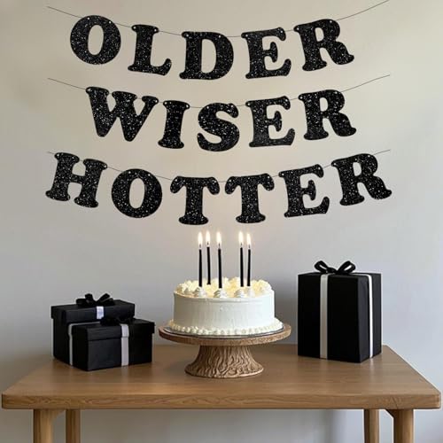 Image of 3pcs Pre-Strung Older Wiser Hotter Banner Funny Black Birthday Bunting Sign for Women Men 30th 40th 50th 60th 70th 80th Birthday Party Decorations