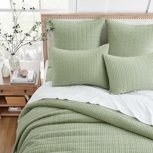 Image of Levtex Home Mills Waffle Queen Bedspread Set (104x106in) with 2 Pillow Shams (26x20in) - Desert Sage - 100% Cotton Queen Size Bedspread Set - Lightweight, Soft, Pre-Washed