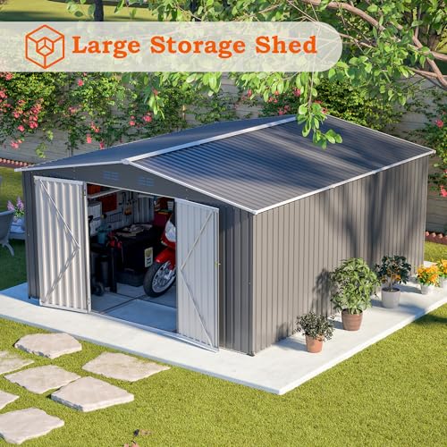 Image of YOPTO 12x14FT Outdoor Storage Shed Metal Shed W /Floor Frame,Garden Tool House W / 4 Air Vents,Lockable Double Doors & Sloped Roof,for Patio,Lawn,Backyard,Light Gray