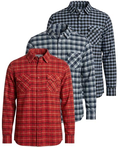Real Essentials 3 Pack: Men's Long-Sleeve Flannel Button Down Plaid