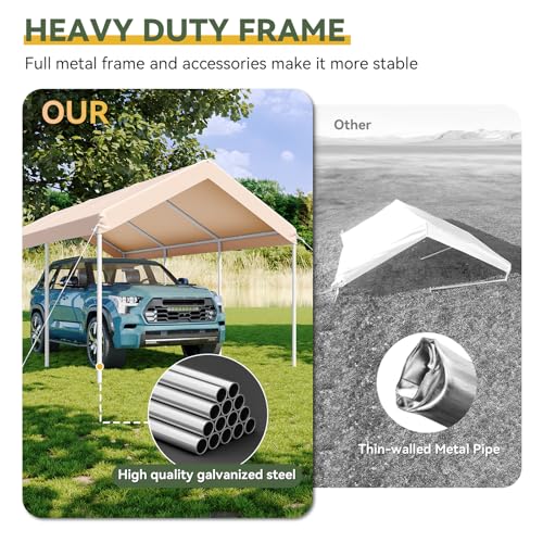 Image of Aoxun 10x20 FT Carport, Heavy Duty Car Canopy Portable Garage, Khaki