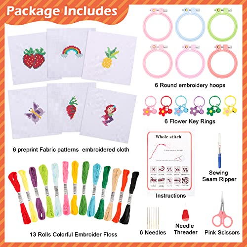 Image of Anglekai 6Pcs Cross Stitch Kits for Beginners, Needlepoint Kits for Beginners Embroidery Starter Set, 6 Embroider Hoops and Cloth / 6 Key Rings /Scissors /Instructions for Crossstitch Decor