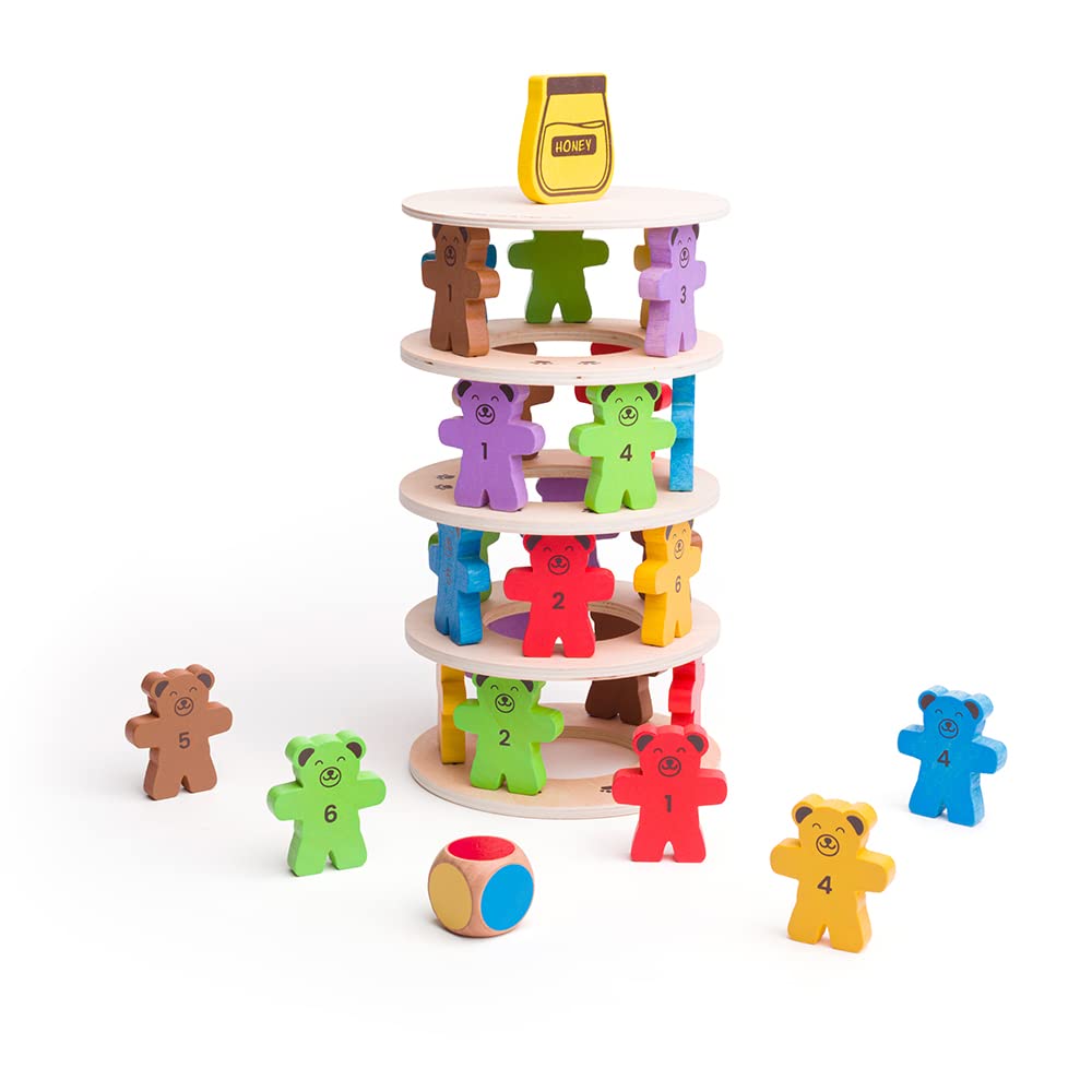 Bigjigs Toys Teddy Tumbling Tower Game - 49pc Tour d'empilement pour Plus de 3 Ans, Puzzles d'équilibrage coloré, Jouets d'empilement en Bois de qualité et Jouets Montessori pour Enfants