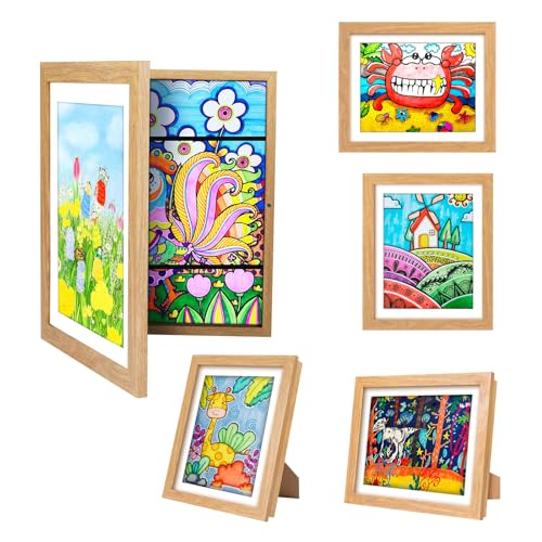 sixzerone [3-Pack] Kids Artwork Frames Changeable - Front Opening Holds 150,Children Art Projects Kids Art Frames,10x12.5 Child Picture Frame for Display,With Storage(Wood)