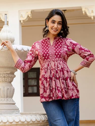Image of Arayna Women's Pure Cotton Paisley Printed Tunic Top - Comfortable Everyday Wear