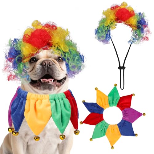 KOOLTAIL Dog Halloween Costume, Funny Pet Wig Clown Decorations with Bandana Bells for Small Medium Large Dogs Cats Unique Chirstmas Gift, Adjustable Fits Cosplay Dress up for Holiday Party Festival