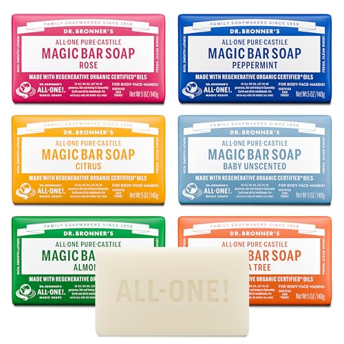 Dr. Bronner's Pure-Castile Magic Bar Soaps (5 Ounce Variety Gift Pack) Almond, Unscented, Lavender, Peppermint, Citrus, Rose - Made with Regenerative Organic Certified Oils, Vegan, Non-GMO