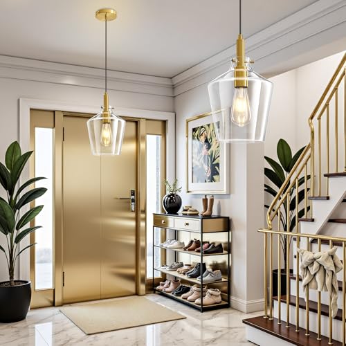 Image of Glass Pendant Lighting for Kitchen Island Entryway 2 Pack Gold Clear 8 Inch | Adjustable cord Dimmable, E26 bulbs, Rust-resistant Damp Rated For Bathrooms, 5-Year Manufacturer Warranty, UL Certification
