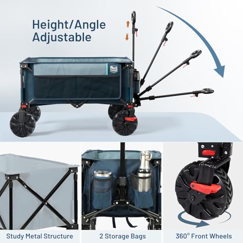 Image of Timber Ridge Outdoor Collapsible Wagon with Brakes Utility Folding Cart Heavy Duty All Terrain Wheels for Shopping Camping Garden with Side Bag and Cup Holders, Blue