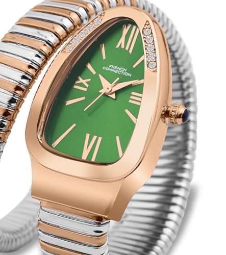 Image of French Connection Eternelle Curve | Green Dial with Rose Gold Case | Flexible Wrap Bracelet Strap | Crystal Accent Design | Roman Numerals Analog Watch for Women - FCN0142NRTM