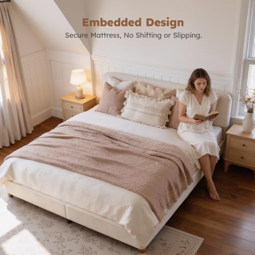 Image of King Size Cloud Bed Frame, Boucle Wood Upholstered Platform Bed, Cream