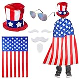 Maazusa Mens American Flag Costume Cape Set, 4th of July Vintage 80's American Uncle Sam Hat Flag Cape Fashion Sunglasses Fake Beard for Independence Day Celebration