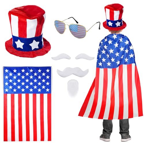 Maazusa Mens American Flag Costume Cape Set, 4th of July Vintage 80's American Uncle Sam Hat Flag Cape Fashion Sunglasses Fake Beard for Independence Day Celebration