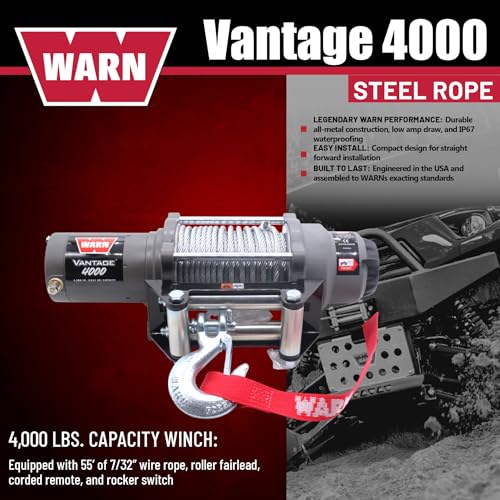 Image of WARN Vantage 4000 12V DC Electric Winch for ATV UTV Side-by-Side - 4000 lb Pull Capacity, 55 Ft 7 /32 inch Steel Wire Rope, Roller Fairlead, Fully Sealed, 3-Stage Planetary, Wired Remote (108214)