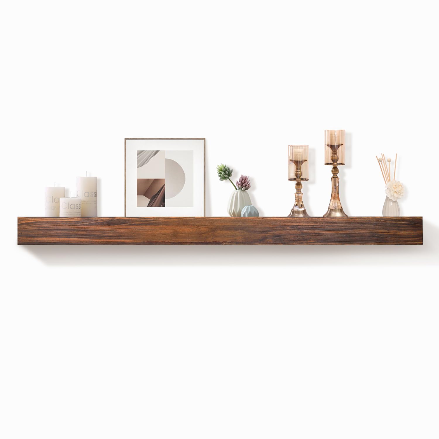 Photo 1 of ** FACTORY SEALED *** AZSKY Deep Walnut Fireplace Mantel Shelf Wall Mounted, Handcrafted 60 Inch Floating Mantel Shelf for Over Fireplace, Long Hollow Solid Wood Shelf with Invisible Bracket for Living Room Under TV Decor
