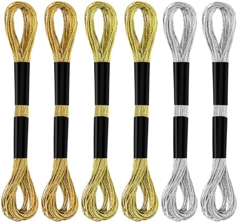 6 Skeins Embroidery Threads, Metallic Embroidery Floss Friendship Bracelet Cross Stitch Thread for Sewing Making Yarn Accessories Craft String Art Supplies (Gold+Light Gold+Silver)