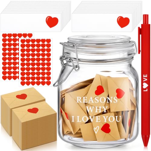 Feifeiya Love Notes Jar Reasons Why I Love You Jar 100 Set Mini Notes Cards Envelopes Couple Gifts for Boyfriend Girlfriend Wife Husband Him Her Newlywed Gifts Valentines Day Anniversary Birthday
