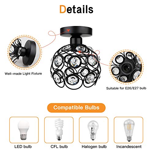 Semi Flush Mount Ceiling Light, Crystal Semi Flush Mount Light Fixture, Modern Mini Crystal Chandelier Light Fixture, Black Metal Crystal Flush Mount Ceiling Light, For Hallway Light Fixture Ceiling #TOP3