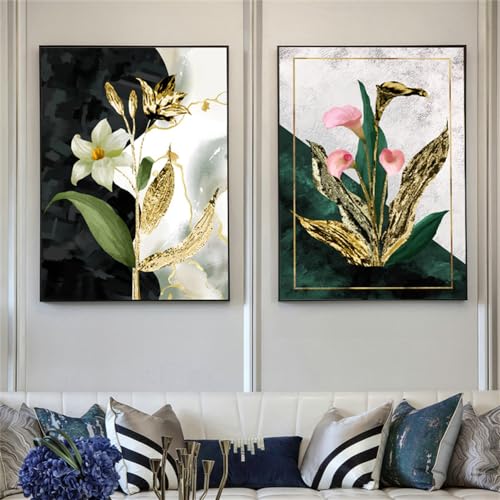 Tableau abstrait moderne vintage fleurs dorées 2 pièces 40x60cm WUHBCZ - 2