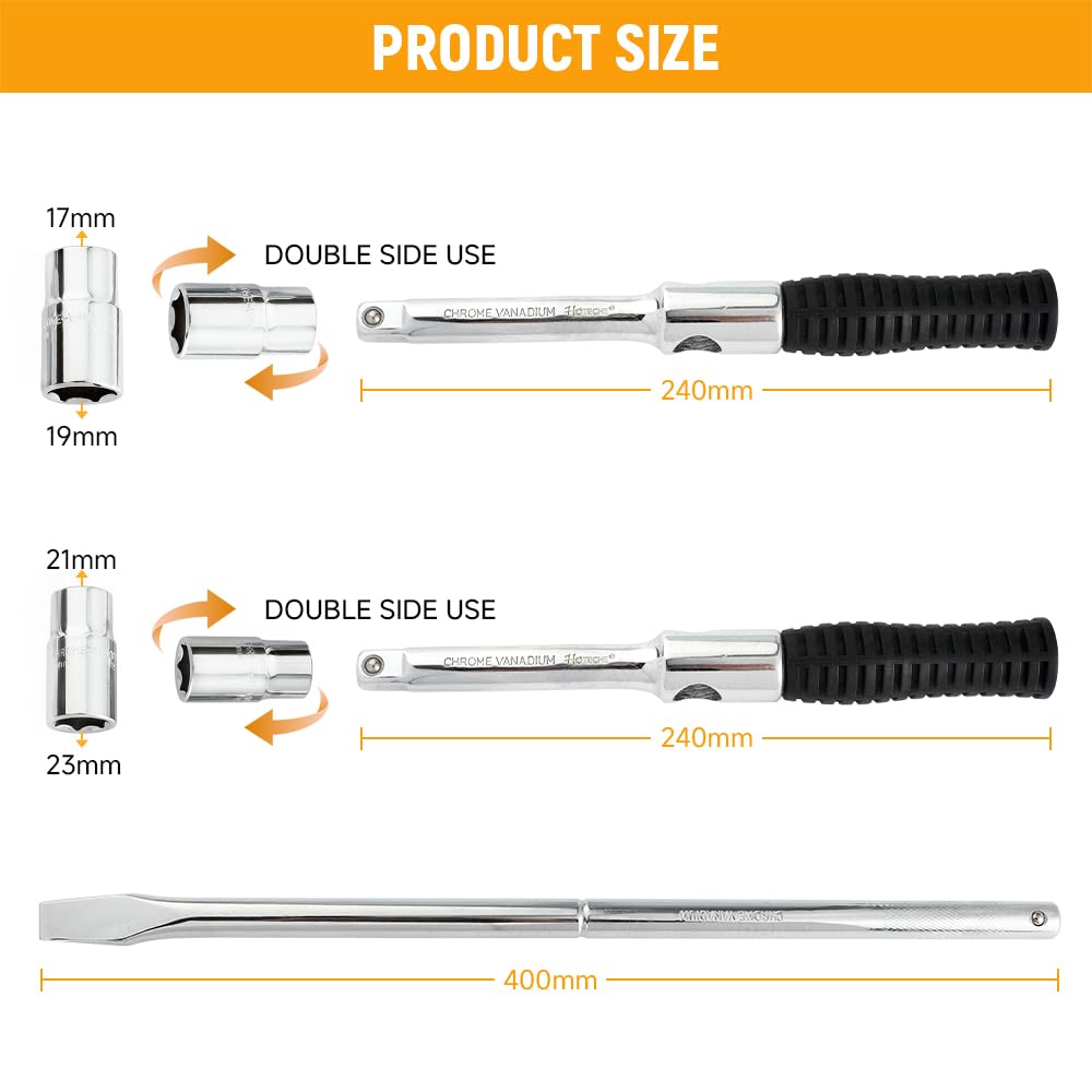 Hoteche Llave combinada para tuercas de rueda, llave cruzada – Varilla CRV, acero al cromo vanadio, 17 x 19 y 21 x 23 tuercas, incluye bolsa de tela Oxford 600D, herramienta profesional de cruz para