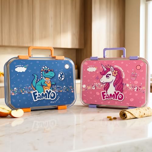 Image of Famyo Kids Bento Lunch Box Combo of 2 Leakproof BPA-Free 3 Compartments | Rexy Dino & June Unicorn, microwave-safe lunch boxes for school, durable food containers for boys & girls