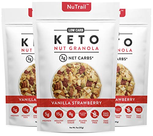 NuTrail - Keto Vanilla Strawberry Nut Granola Healthy Breakfast Cereal - Low Carb Snacks & Food - 3g Net Carbs - Gluten Free, Grain Free - Almonds, Pecans, Coconut and more (11 oz) (3 Count)