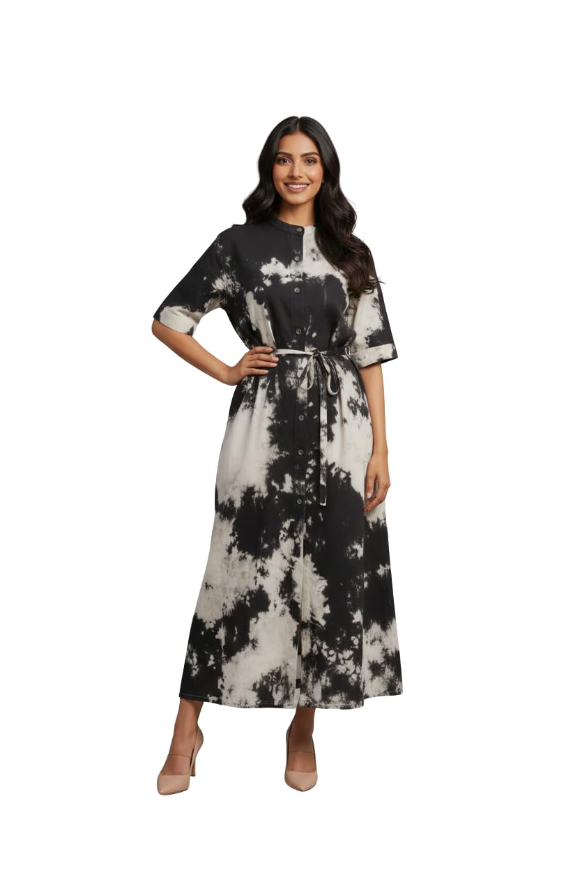 Miss Lilac Women Black & White Tie-Dye Printed Viscose Rayon Maxi Gown | Button Front Shirt Style Dress | Waist Belt Flowy Long Gown | Casual Dress | Plus Size M to 6XL-image-48