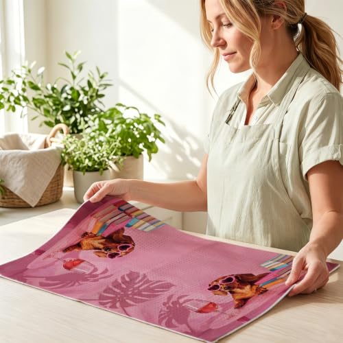 Image of 4 Pcs Pink Funny Dachshund Hand Towels, Dachshund Gifts Reusable Dish Towel | Waffle Weave Absorbent Hand Towel for Kitchen Bathroom Decor, Cute Weiner Dog Gifts for Women Mom Friend 24x14 Inch