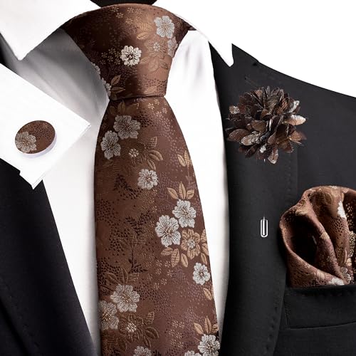 Image of GUSLESON 3.15 inch(8cm) Mens Floral Tie and Lapel Pin Necktie Hankerchief Cufflinks Set for Men