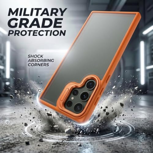 Image of amazon basics Frosted Matte Case for Samsung Galaxy S23 Ultra 5G | Built-in Flip-Out Camera Lens Stand | Translucent Back with Contrast Orange Bumper | Foldable Kickstand