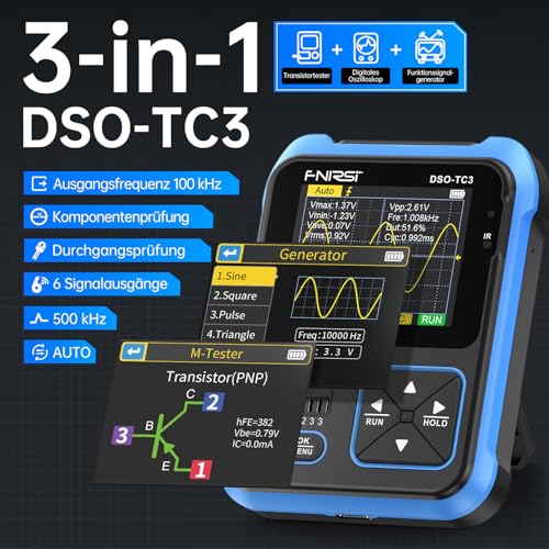 FNIRSI DSO-TC3 Oszilloskop – 3IN1 Handoszilloskop & DDS Signalgenerator & Transistortester, 500kHz Bandbreite, 10 MSa/s Abtastrate, 6 Arten von Wellenformen, Transistormessung