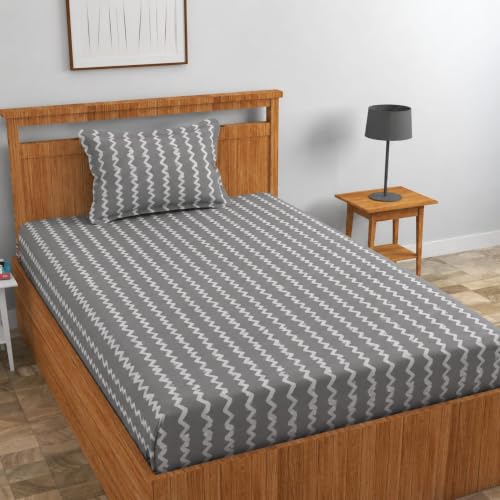 Image of NEW LEAF Premium 100% Cotton Feel Elastic Fitted Single Mattress Bedsheets with 1 Pillow Cover| All Around Elastic 200 TC Supersoft | (Size-78+36+6 inches, Grey Chevron