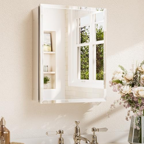 TETOTE 14 x 18 Medicine Cabinet with Tempered Beveled Mirror Silver Aluminum Cabinet DTC Hinges Stepless Adjustable Shelf Recessed/Surface-Mounted