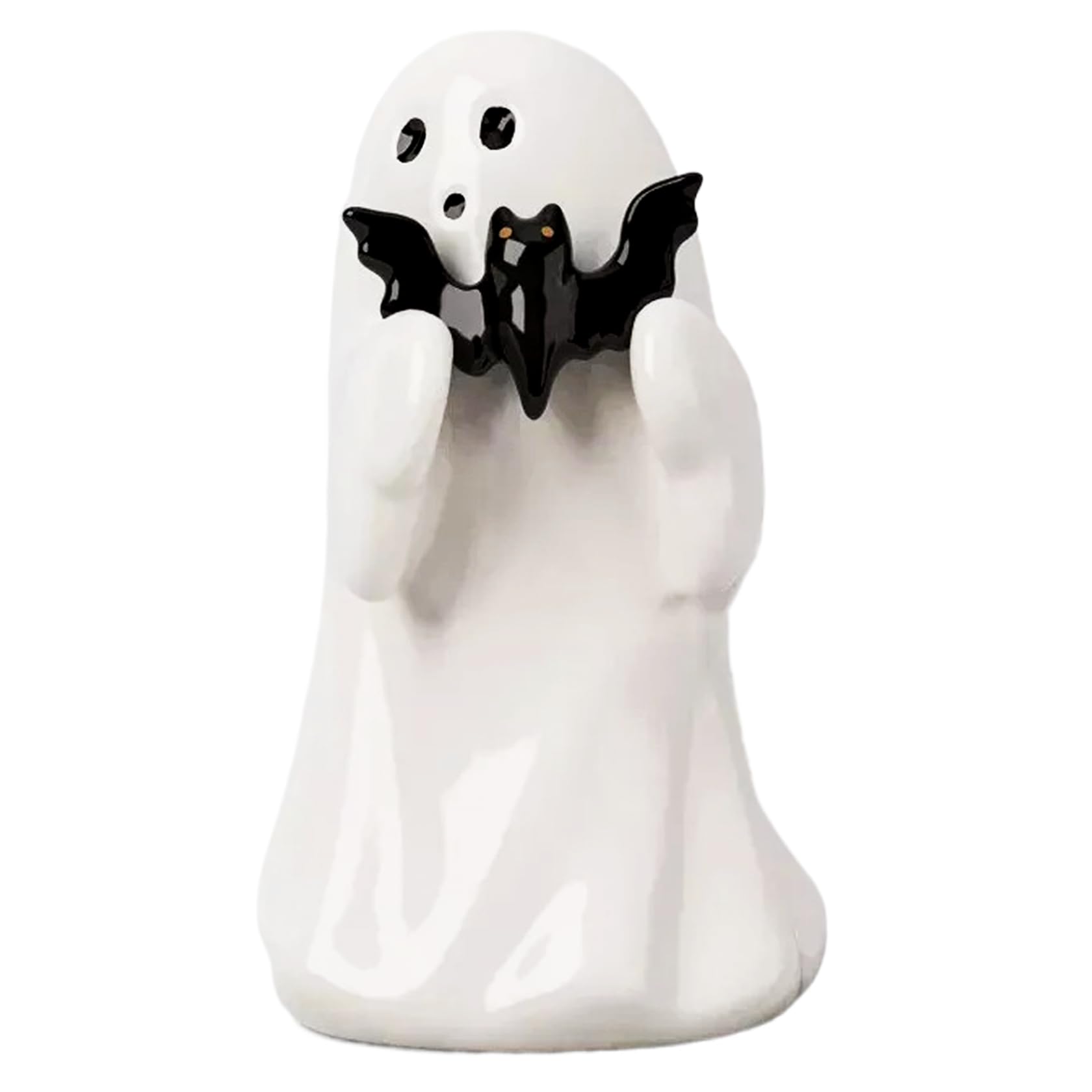 Bemonew Halloween Ghost 3.94" Resin Ghost Decor Ornament, Halloween Home Standing Decor, White Spooky Cute Holding Bat for Home Indoor Shelf Table