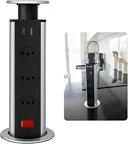 Torre Tomada Retrátil de Embutir 5 em 1 com USB, Prata e Preto, 3 Tomadas Padrão Brasileiro, Entradas USB Botão Liga/Desliga, Sistema Retrátil para Bancada, Bivolt