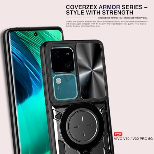Image of AESTMO Armor Vivo V30 / V30 Pro 5G Bumper Back Case Cover | Ring Holder & CD Pattern Sliding Camera Shutter Cover | 360 Degree Protection Back Case Cover for Vivo V30 / V30 Pro 5G (Black)