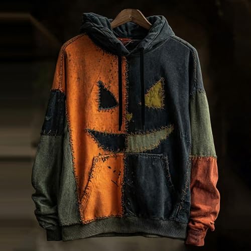 Halloween Hoodies for Men Pumpkin Face Graphic Printed Pullover Fall Winter Fashion Hooded Sweatshirt with Pockets2