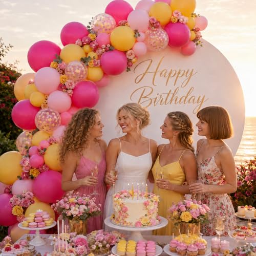 Image of Pink and Yellow Balloon, 12 Inch Hot Pink Yellow Confetti Latex Balloons | with Ribbon Peach Color Theme Party Decorations for Birthday Baby Shower Engagement Decorations