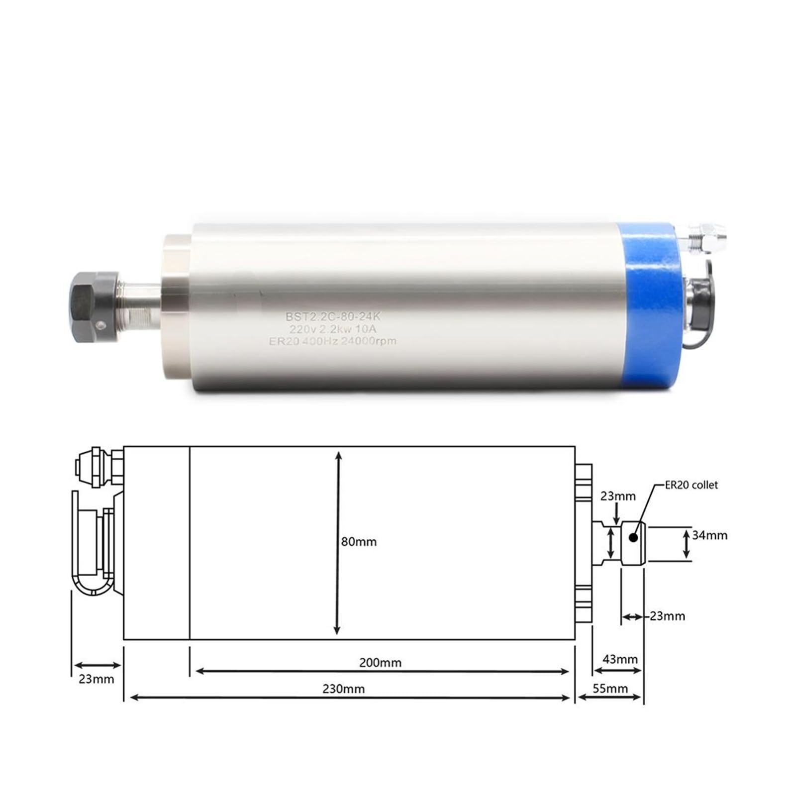 KACOME 2.2KW ER20 Water-Cooled Spindle Motor CNC 80x230mm 220v/380v 4 Bearings and 80mm Aluminum Round Spindle Holder(380v,Ceramic Ball Bearing)