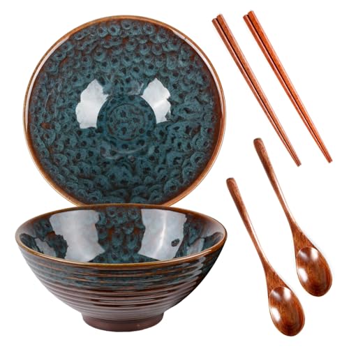Ramen Schüssel Set mit 2 (1200 ml) – Keramikschalen mit Löffeln und Essstäbchen für Nudeln, Suppe, Salat, Müsli, Snacks, Mikrowellen- und Spülmaschinenfest (dunkelblau)
