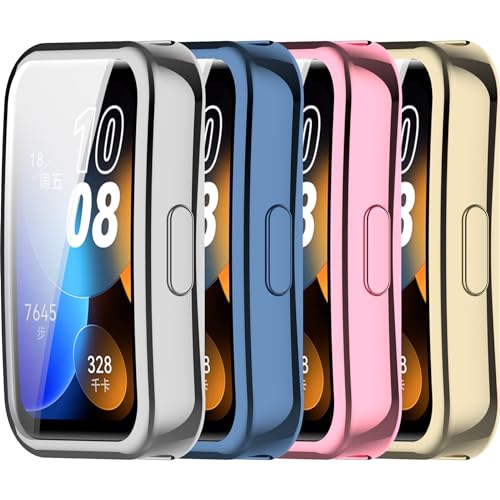 Chofit Screen Protector Intended for Huawei Band 10/9/8 Case,TPU Plated Bumper All-Around Slim Protective Cover Smartwatch Accessories for Huawei Band 9 (Gold&Pink&Blue&Silver)