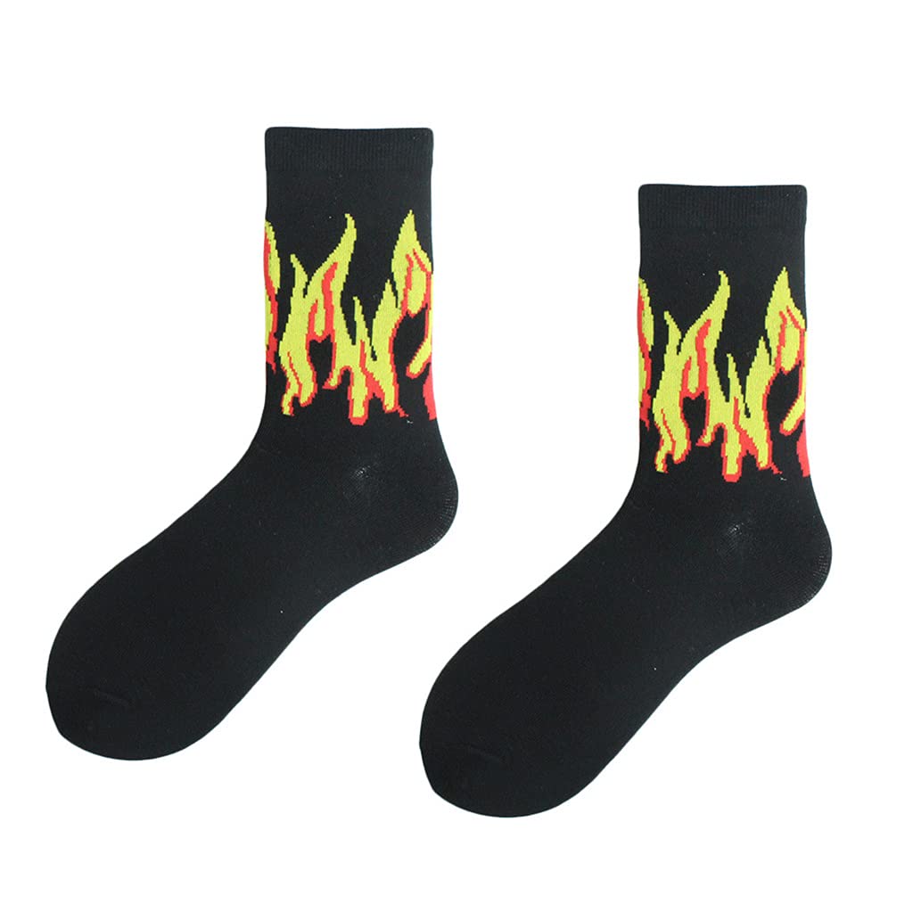 ROY Unisex Flame Print Socks Contrast Color Skateboard Hosiery Crew Socks Middle tube socks