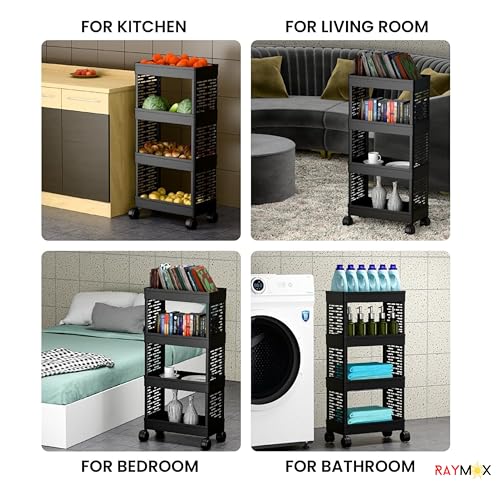 Image of RAYMOX 4 Tier Storage Rack with Wheels | Bathroom Kitchen Organizer Shelf | Rolling Utility Trolley for Home, Laundry, Office & Living Room | Heavy Duty Plastic Rack - Black
