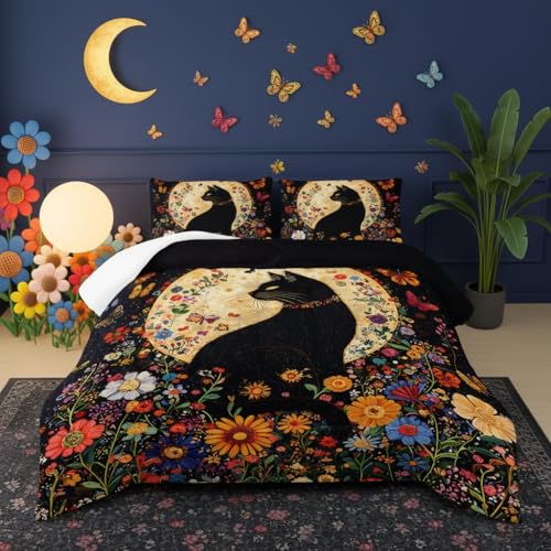 Image of Black Cat Bedding Cartoon Cat Comforter Set Full,Floral Bedding Full Size Bed ,with 1 Comforter with 2 Pillow Case