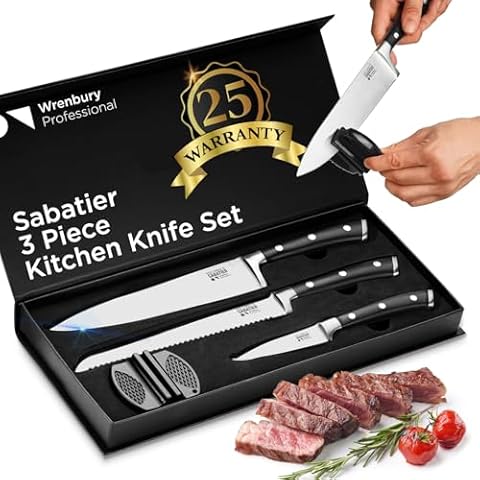 Wrenbury Professional Kitchen Knives Set of 3 German Grade - Sabatier Ultra Sharp Stainless Steel with Sharpener - Full Tang Chef Knife Set - All Purpose Utility Set Cover