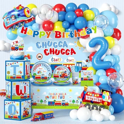 cocomigo 256pcs Chugga Chugga Two Two Party Decorations All-in-one Train-themed Set for 25 Guests with Balloon Arch Banner Backdrop Thick Plates Tablecloths and Cake Topper