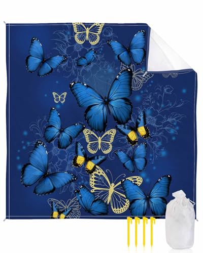 Watercolor Blue Butterfly Beach Blanket Extra Large 108x84in Outdoor Waterproof Sandproof Picnic Blankets with Stakes Lightweight Beach Mat for Camping Travel,Farmhouse Colorful Butterflies Flower