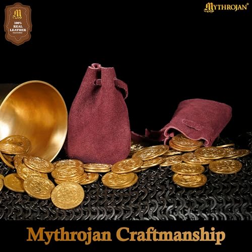 Image of Mythrojan Pack of 4 Small Trinket Pouches Suede Leather Drawstring Coin & Dice Bags for LARP, SCA, Viking & Medieval Events, Color : Wine Red