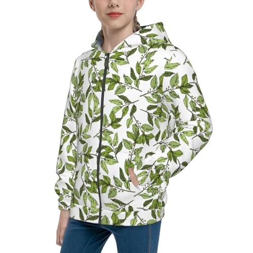 Green Laurus Leaf Kids Pullover Hoodies Boys Zip Up Sweatshirts Girls Athletic Clothes with Pocket